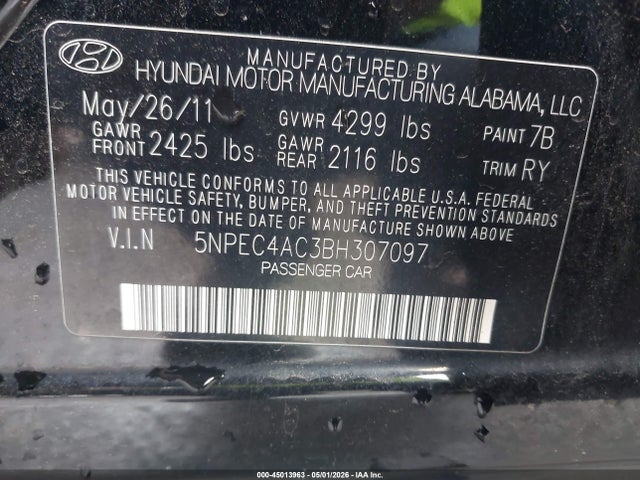 Aukcja sprzedaży 2011 Hyundai Sonata Se, vin: 5NPEC4AC3BH307097, numer aukcji: 45013963