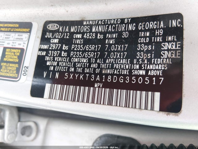 Продаж на аукціоні авто 2013 Kia Sorento Lx, vin: 5XYKT3A18DG350517, номер лоту: 45013965