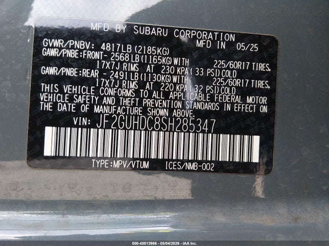 2025 Subaru Crosstrek Premium მანქანა იყიდება აუქციონზე, vin: JF2GUHDC8SH285347, აუქციონის ნომერი: 45013966