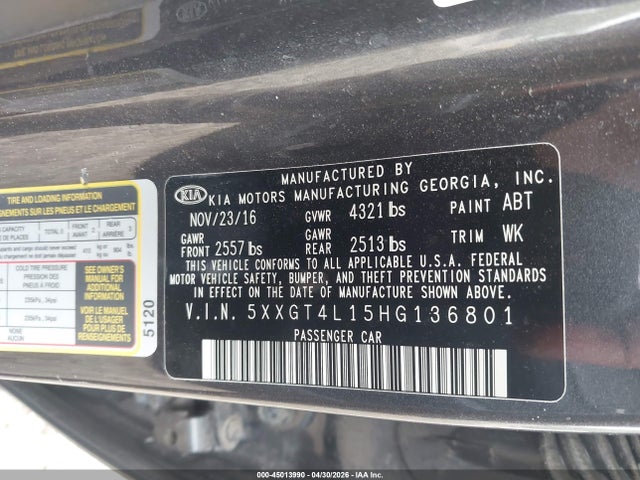 Продажа на аукционе авто 2017 Kia Optima Lx Turbo, vin: 5XXGT4L15HG136801, номер лота: 45013990