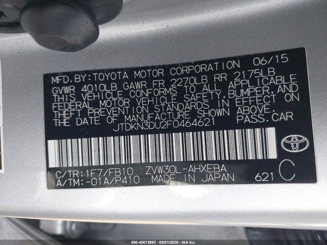 Toyota Prius Two 2015 JTDKN3DU2F0464621 Image 9