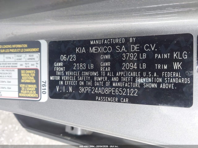 3KPF24AD8PE652122 KIA Forte Lxs