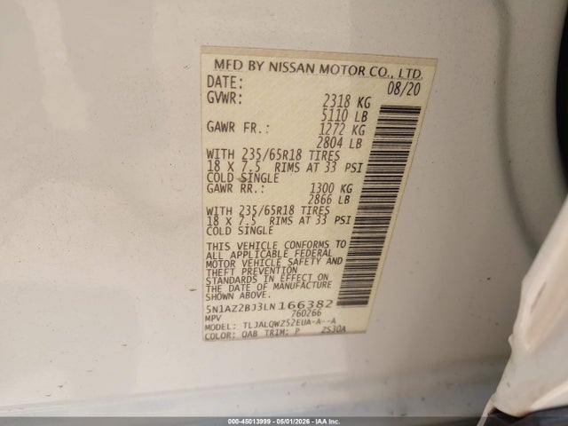 Aukcja sprzedaży 2020 Nissan Murano Sv Fwd, vin: 5N1AZ2BJ3LN166382, numer aukcji: 45013999