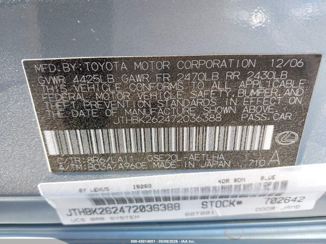 45014001 :رقم المزاد ، JTHBK262472036388 vin ، 2007 Lexus Is 250 مزاد بيع