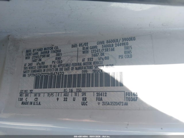 Aukcja sprzedaży 2002 Ford E-250 Commercial/recreational, vin: 1FTNS24222HB47433, numer aukcji: 45014004