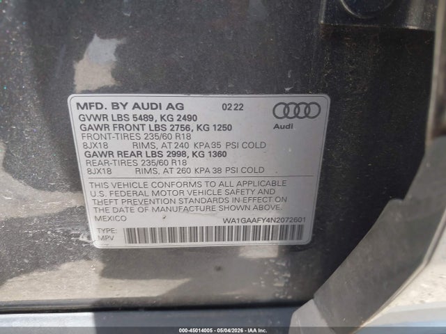 Продажа на аукционе авто 2022 Audi Q5 Premium 45 Tfsi S Line Quattro S Tronic, vin: WA1GAAFY4N2072601, номер лота: 45014005