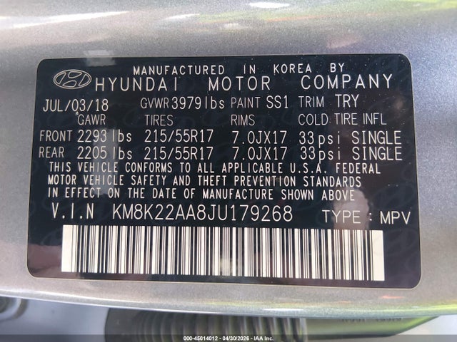 KM8K22AA8JU179268 Hyundai Kona Sel