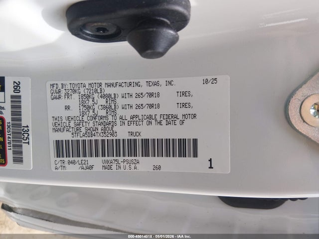 Aukcja sprzedaży 2026 Toyota Tundra Sr5 Crewmax 5.5' Bed, vin: 5TFLA5DB4TX352903, numer aukcji: 45014018