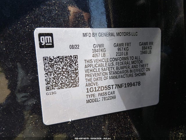 Aukcja sprzedaży 2022 Chevrolet Malibu Fwd Lt, vin: 1G1ZD5ST7NF199478, numer aukcji: 45014019
