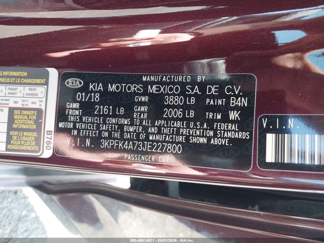 Aukcja sprzedaży 2018 Kia Forte Lx, vin: 3KPFK4A73JE227800, numer aukcji: 45014021
