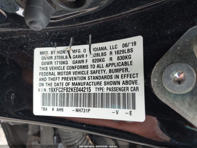 2019 Honda Civic Sport მანქანა იყიდება აუქციონზე, vin: 19XFC2F82KE044215, აუქციონის ნომერი: 45014024