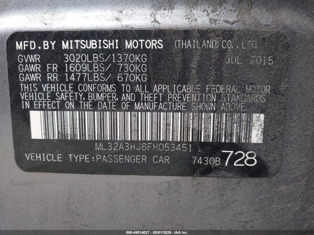 Продаж на аукціоні авто 2015 Mitsubishi Mirage De/rf, vin: ML32A3HJ8FH053451, номер лоту: 45014027
