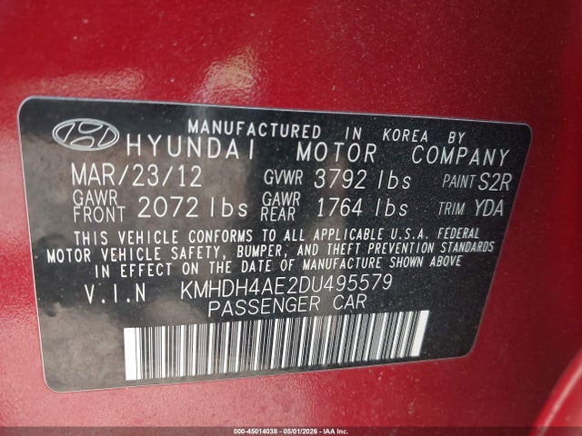 Продаж на аукціоні авто 2013 Hyundai Elantra Gls/limited, vin: KMHDH4AE2DU495579, номер лоту: 45014038