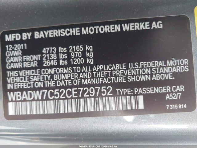 Aukcja sprzedaży 2012 Bmw 328i, vin: WBADW7C52CE729752, numer aukcji: 45014039
