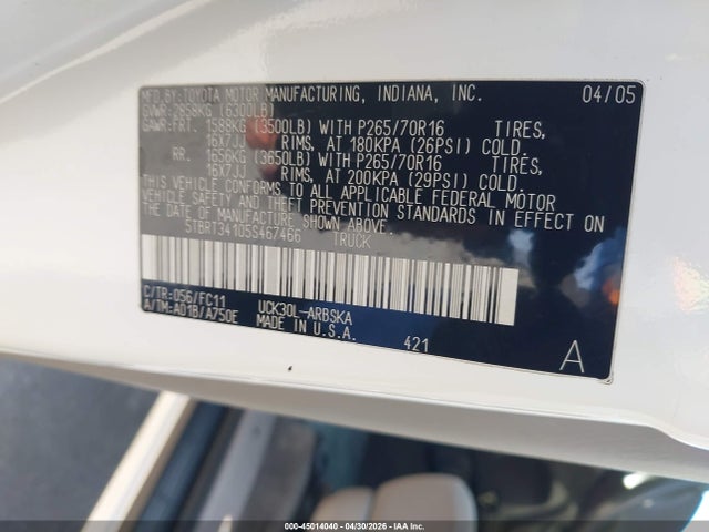 Aukcja sprzedaży 2005 Toyota Tundra Sr5 V8, vin: 5TBRT34105S467466, numer aukcji: 45014040