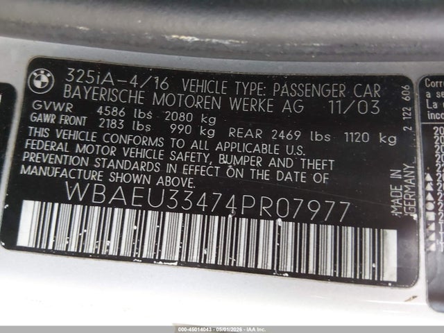2004 Bmw 325xi მანქანა იყიდება აუქციონზე, vin: WBAEU33474PR07977, აუქციონის ნომერი: 45014043