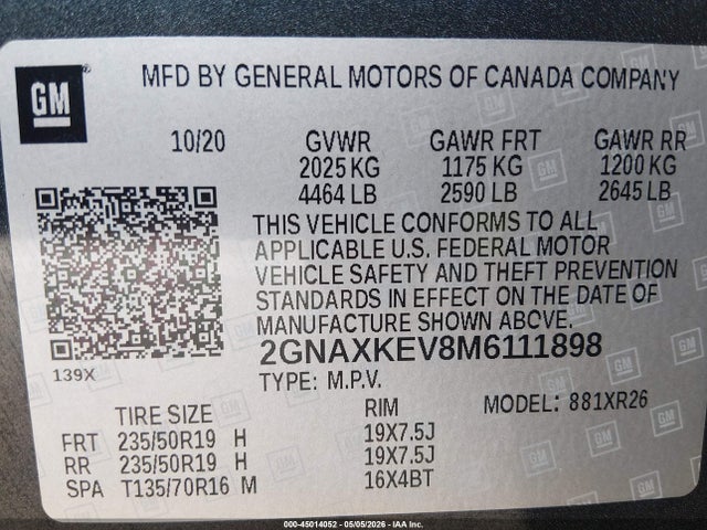 Aukcja sprzedaży 2021 Chevrolet Equinox Fwd Lt, vin: 2GNAXKEV8M6111898, numer aukcji: 45014052