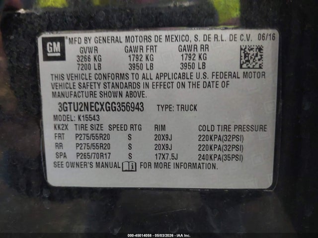 Продажа на аукционе авто 2016 Gmc Sierra 1500 Slt, vin: 3GTU2NECXGG356943, номер лота: 45014058