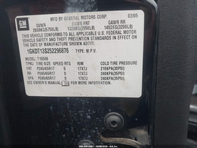 2005 Gmc Envoy Sle მანქანა იყიდება აუქციონზე, vin: 1GKDT13S252296876, აუქციონის ნომერი: 45014061