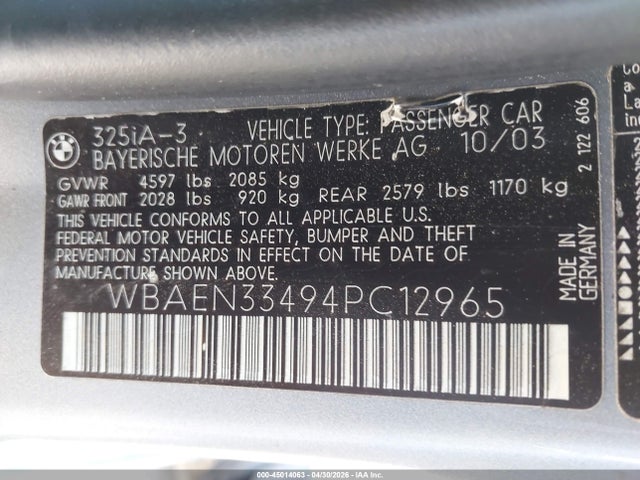 2004 Bmw 325it მანქანა იყიდება აუქციონზე, vin: WBAEN33494PC12965, აუქციონის ნომერი: 45014063
