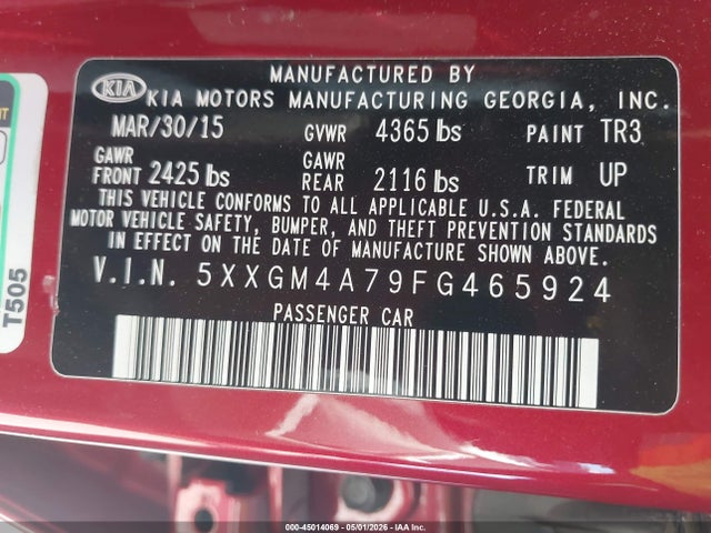 45014069 :رقم المزاد ، 5XXGM4A79FG465924 vin ، 2015 Kia Optima Lx مزاد بيع