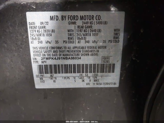 Aukcja sprzedaży 2022 Ford Edge Sel, vin: 2FMPK4J91NBA98034, numer aukcji: 45014081