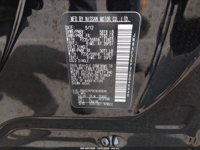 Продажа на аукционе авто 2012 Nissan Quest Sl, vin: JN8AE2KP9C9046846, номер лота: 45014086
