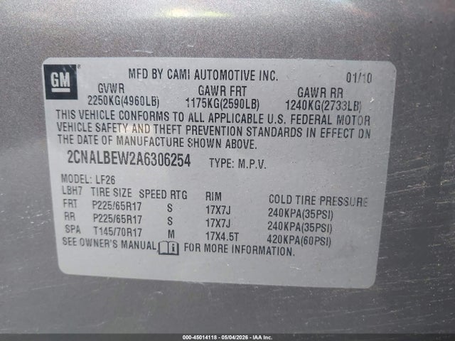 Продаж на аукціоні авто 2010 Chevrolet Equinox Ls, vin: 2CNALBEW2A6306254, номер лоту: 45014118