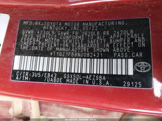 45014128 :رقم المزاد ، 4T1GZ1FB8NU082431 vin ، 2022 Toyota Avalon Touring مزاد بيع