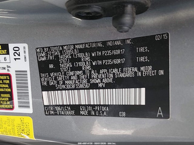 45014130 :رقم المزاد ، 5TDYK3DC8FS586567 vin ، 2015 Toyota Sienna Xle 8 Passenger مزاد بيع