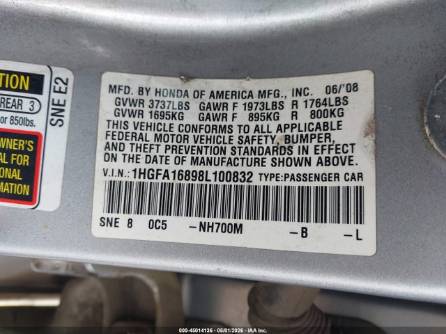 45014136 :رقم المزاد ، 1HGFA16898L100832 vin ، 2008 Honda Civic Ex مزاد بيع