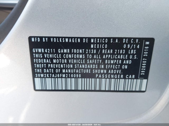 45014159 :رقم المزاد ، 3VW2K7AJ6FM216098 vin ، 2015 Volkswagen Jetta 2.0l S مزاد بيع