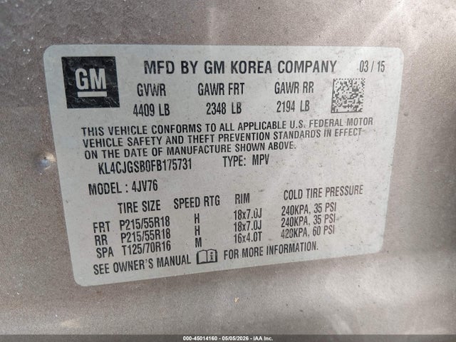 Продаж на аукціоні авто 2015 Buick Encore Leather, vin: KL4CJGSB0FB175731, номер лоту: 45014160
