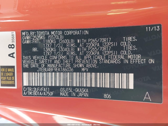 45014162 :رقم المزاد ، JTEBU4BF9EK186036 vin ، 2014 Toyota Fj Cruiser مزاد بيع