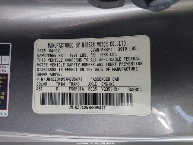 2007 Nissan 350z მანქანა იყიდება აუქციონზე, vin: JN1BZ34D57M505471, აუქციონის ნომერი: 45014172