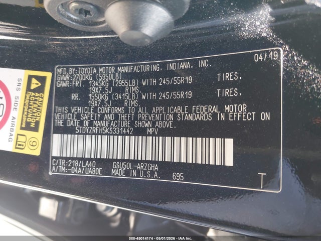 Aukcja sprzedaży 2019 Toyota Highlander Limited, vin: 5TDYZRFH5KS331442, numer aukcji: 45014174