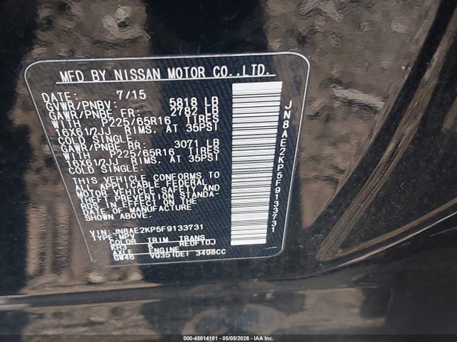 Продажа на аукционе авто 2015 Nissan Quest, vin: JN8AE2KP5F9133731, номер лота: 45014181