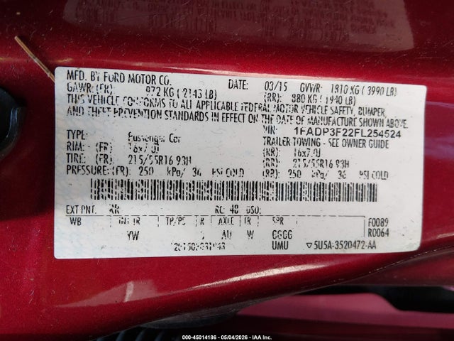 Продаж на аукціоні авто 2015 Ford Focus Se, vin: 1FADP3F22FL254524, номер лоту: 45014186