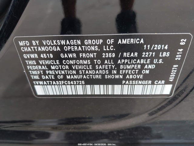 Продаж на аукціоні авто 2015 Volkswagen Passat 1.8t Wolfsburg Edition, vin: 1VWAT7A32FC043725, номер лоту: 45014194