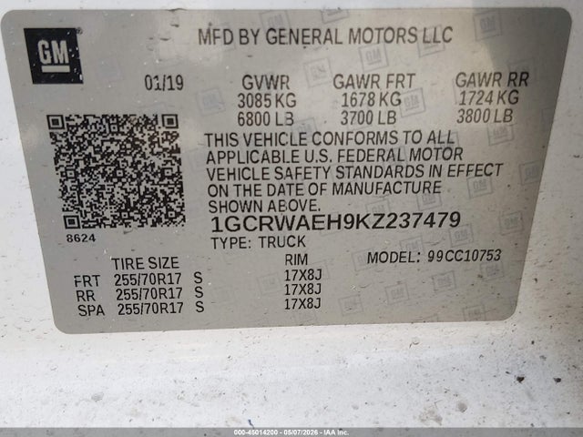 Aukcja sprzedaży 2019 Chevrolet Silverado 1500 Work Truck, vin: 1GCRWAEH9KZ237479, numer aukcji: 45014200