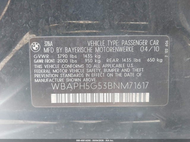 Aukcja sprzedaży 2011 Bmw 328i, vin: WBAPH5G53BNM71617, numer aukcji: 45014205