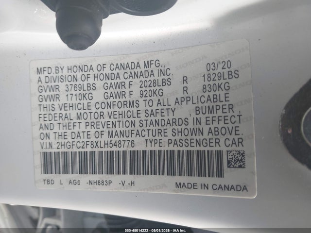 Продажа на аукционе авто 2020 Honda Civic Sport, vin: 2HGFC2F8XLH548776, номер лота: 45014222