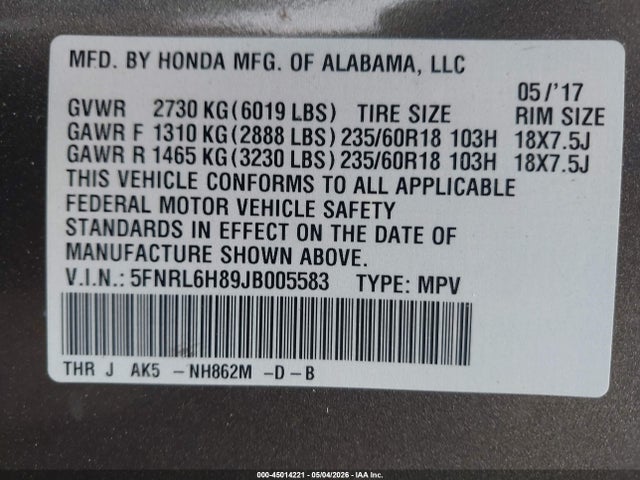2018 Honda Odyssey Touring მანქანა იყიდება აუქციონზე, vin: 5FNRL6H89JB005583, აუქციონის ნომერი: 45014221
