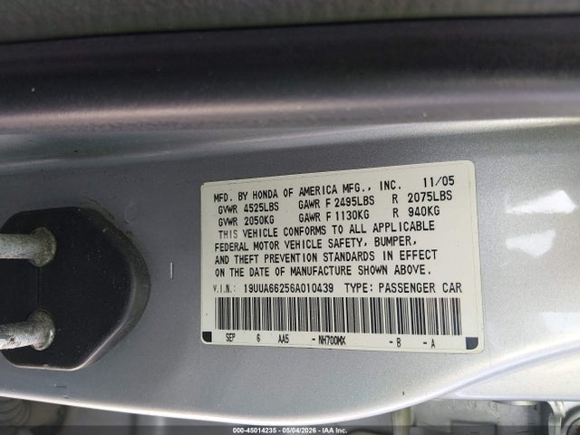 Aukcja sprzedaży 2006 Acura Tl, vin: 19UUA66256A010439, numer aukcji: 45014235