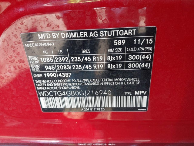 Aukcja sprzedaży 2016 Mercedes-benz Gla 250 4matic, vin: WDCTG4GB0GJ216940, numer aukcji: 45014237