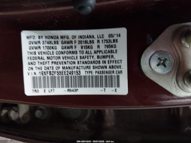 Honda Civic Lx 2014 19XFB2F55EE249153 Image 9