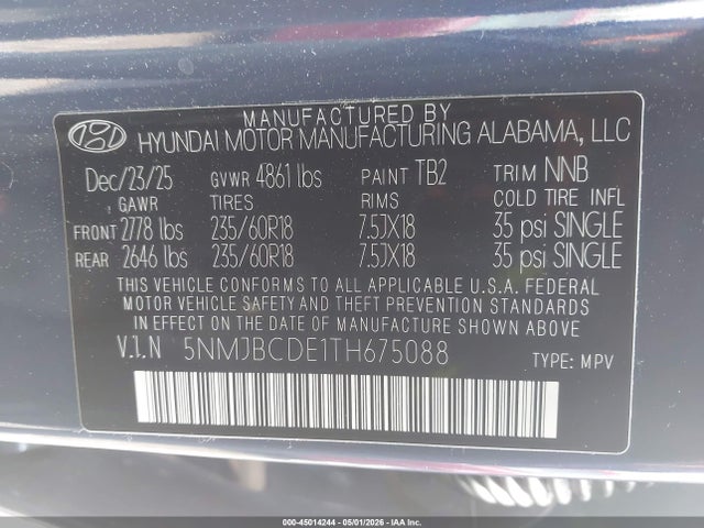 Aukcja sprzedaży 2026 Hyundai Tucson Sel, vin: 5NMJBCDE1TH675088, numer aukcji: 45014244