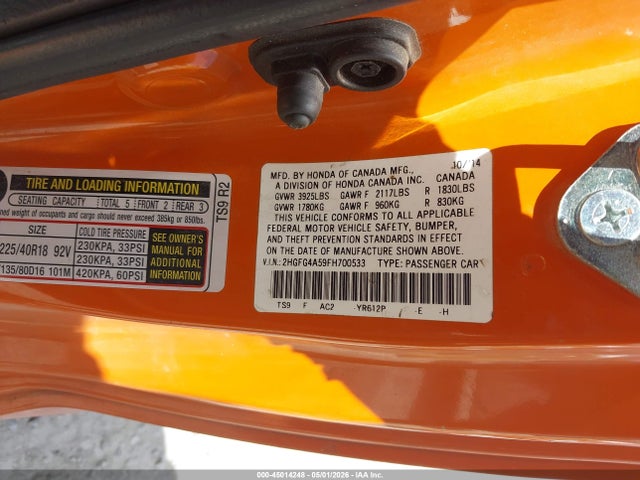 45014248 :رقم المزاد ، 2HGFG4A59FH700533 vin ، 2015 Honda Civic Si مزاد بيع
