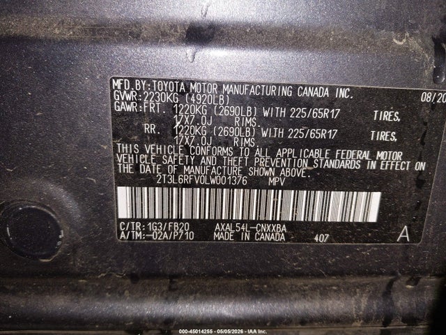 2T3L6RFV0LW001376 Toyota Rav4 Hybrid Le