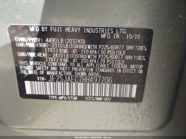 Продажа на аукционе авто 2017 Subaru Forester 2.5i Premium, vin: JF2SJAEC7HH497206, номер лота: 45014274